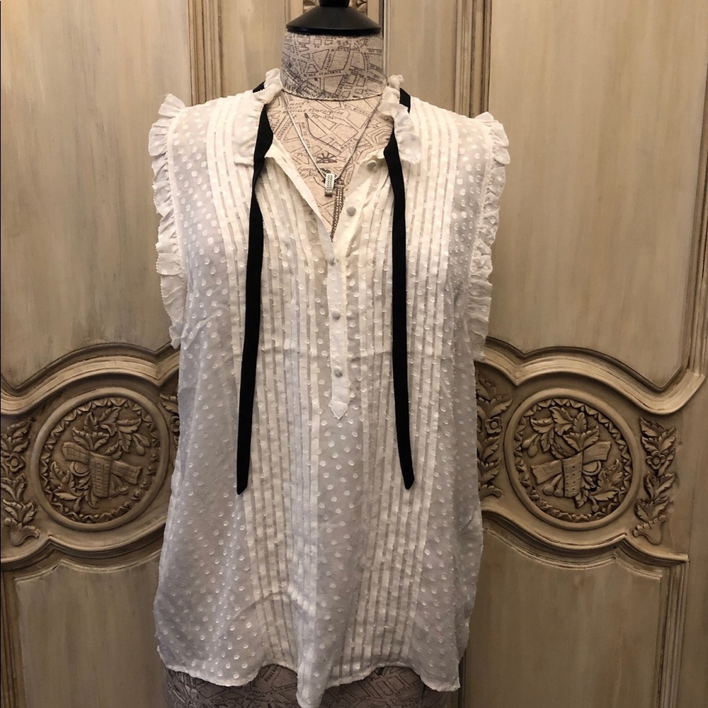 Joie | White Sleeveless Top w/ Black Tie | Large